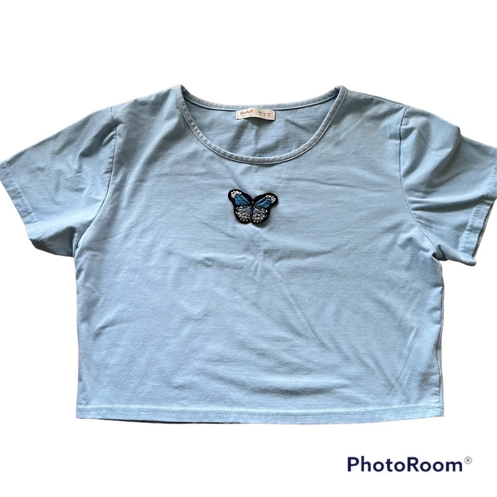 Romwe powder blue short sleeved crop top with butterfly embroidery, XL.
